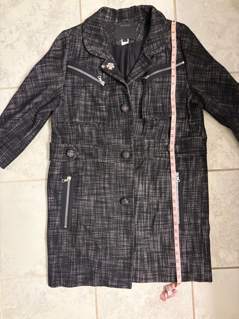 💕Marc Jacobs | Women’s Runway Tweed Lady Moto Long Coat with Zip Pockets | Sz 12 - Picture 9 of 10